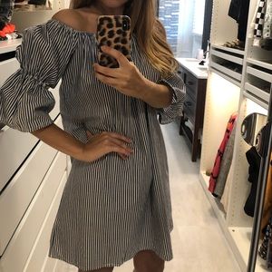 Striped Off the Shoulder Puff Sleeve Dress